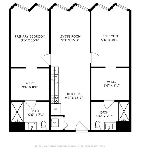 Floor plan for 2 beds, 2 baths, 986 sqft
